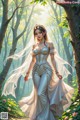 A woman in a wedding dress walking through a forest.