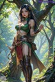 A woman in a green outfit holding a sword in a forest.