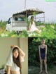 A woman standing in front of a white truck.