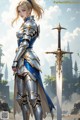 A woman in armor holding a sword in front of a castle.